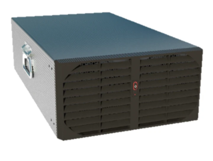 NovaStation AI workstation: a dark grey chassis with a louvred front panel and a carry handle on the side